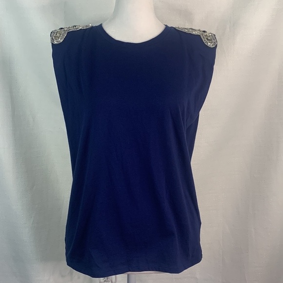 Express Navy Embellished Padded Shoulder Crew Neck Tee - Picture 9 of 14